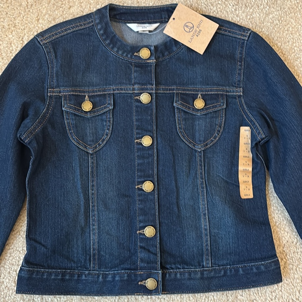 NWT Lands End Girls Denim Jean Jacket - Antique Dark Wash - Size S 7-8 - Picture 2 of 6